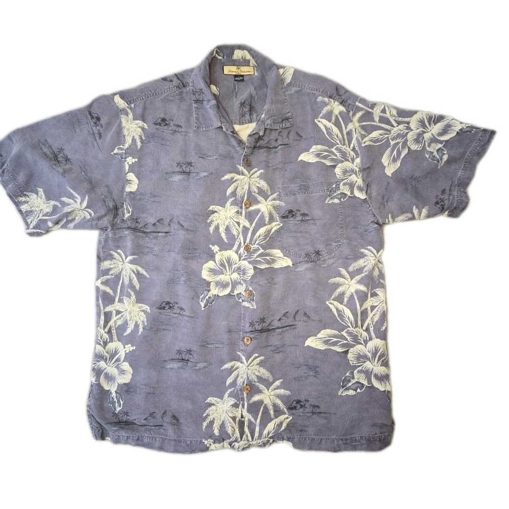 Tommy Bahama Mens L Large Purple Silk Tropical Palm Tree Beach Button Up Shirt